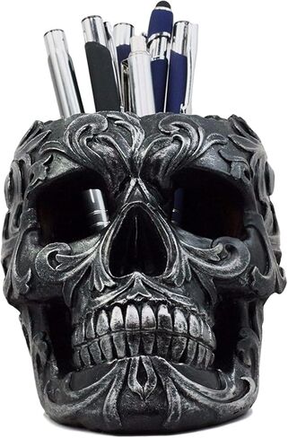 Ebros Gift Tribal Tattoo Floral Skull Pen Holder Figurine 5.75" L Office Desktop Ossuary Skulls Decor Cranium Skeleton Head Stationery Holder As Halloween Macabre Graveyard Spooky Decorative Statue in Saudi Arabia