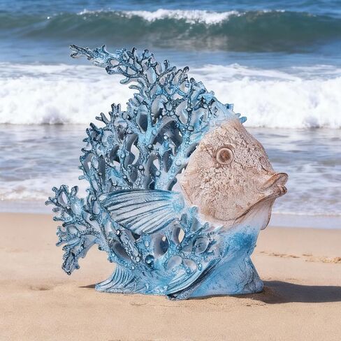 Beach Coastal Decor Turquoise Coral Reef Angelfish Figurines, Modern Nautical Decor Ocean Centerpieces for Living Room, Bathroom, Office, Coffee Table, Beach House, Seaside, Entrance, Shelf Decorative in Saudi Arabia