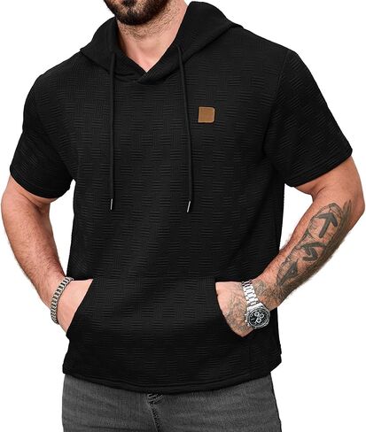 سترة بغطاء للرأس بأكمام قصيرة للرجال من Aiyino، بلوفر كاجوال خفيف الوزن بقلنسوة مع جيب الكنغر in Kuwait