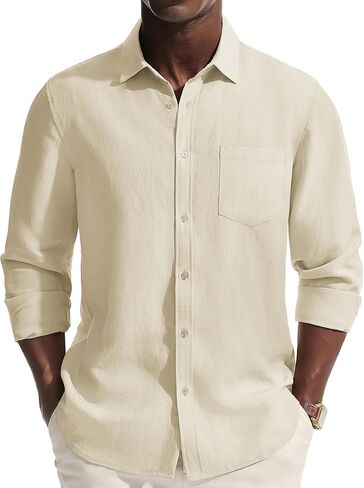 PJ PAUL JONES Men's Casual Button Down Shirts Long Sleeve Linen Beach Wedding Shirt Summer Vacation Shirt for Men in Saudi Arabia