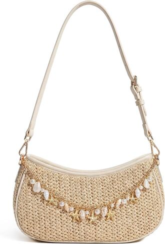 CHUNLI Straw Shoulder Bag for Women, Boho Woven Raffia Hobo Purse with Charm Chain, Adjustable Strap Summer Beach Vacation in Kuwait