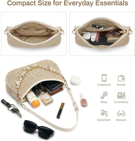 CHUNLI Straw Shoulder Bag for Women, Boho Woven Raffia Hobo Purse with Charm Chain, Adjustable Strap Summer Beach Vacation in Kuwait