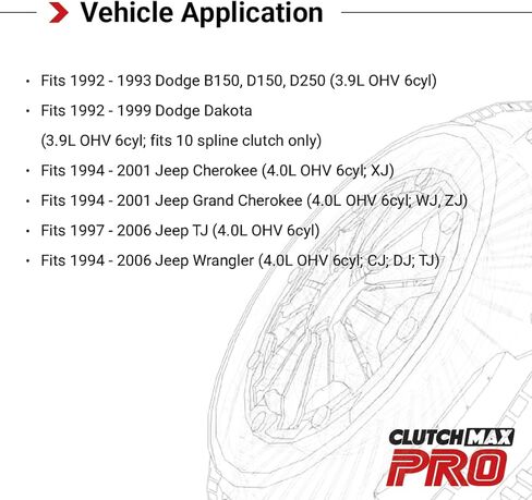 CMP Stage 1 Street Clutch Kit Fits Dodge 1992-93 B150 D150 D250 1992-99 Dakota, Jeep 1994-01 Grand Cherokee 1997-06 TJ 1994-06 Wrangler 3.9L 4.0L OHV 6cyl XJ WJ ZJ CJ DJ TJ in Saudi Arabia