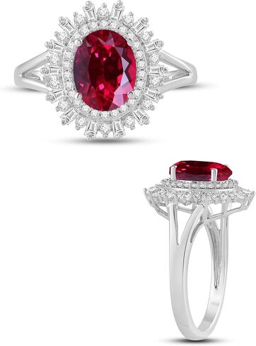 Jewelili Sterling Silver 9x7mm Oval London Blue Topaz and Created Ruby Engagement Rings with Baguette & Round Created White Sapphires for Women, Available in Sizes 6 7 8 in Saudi Arabia