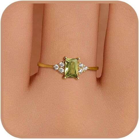 925 Sterling Silver 3ct Squre Gemstone Engagement Ring for Women 14k Gold Plated Halo Eternity Band Promise Ring for Mother Peridot Cubic Zirconia Birthstone Rings Mother’s Day Jewelry Gifts in Kuwait
