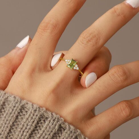 925 Sterling Silver 3ct Squre Gemstone Engagement Ring for Women 14k Gold Plated Halo Eternity Band Promise Ring for Mother Peridot Cubic Zirconia Birthstone Rings Mother’s Day Jewelry Gifts in Saudi Arabia