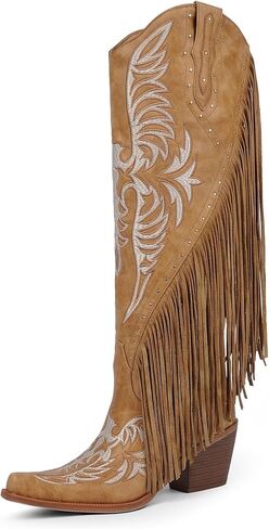Cowboy Boots for Women Wide Calf Fringe Cowgirl Boots Embroidered Studded Pointed Toe Chunky Heel Western Knee High Boots Pull On Tall Boot in Kuwait