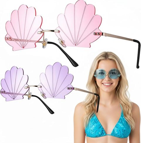 Veemoon 2Pcs Fashion Seashell Sunglasses Beach Party Shell Glasses Nautical Eyeglasses Decorative Coastal Sunglasses Frameless Eyeglasses for Girls Women Photo Props Beach Pool Party, Pink + Blue in Saudi Arabia