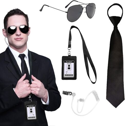 4 Pcs Secret Agent Accessories Set Secret Security Service Costume with Adjustable Zipper Ties Sunglasses Earpiece for Teens Adults Halloween Cosplay in Kuwait