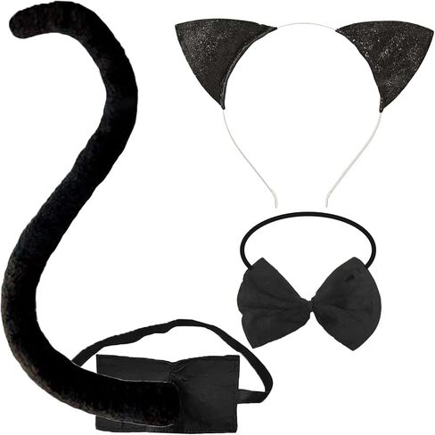 3-Piece Black Cat Ears and Tail Costume Accessory Set - Cat Ears Headband, Bowtie, and Long Tail for Halloween, Cosplay, Dress-Up Parties, and Animal-Themed Events in Kuwait