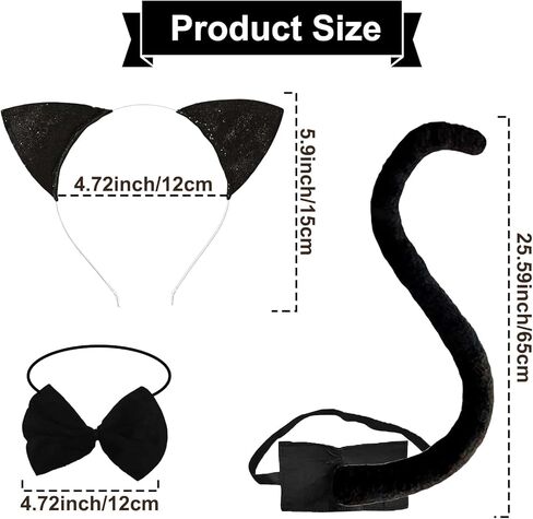 3-Piece Black Cat Ears and Tail Costume Accessory Set - Cat Ears Headband, Bowtie, and Long Tail for Halloween, Cosplay, Dress-Up Parties, and Animal-Themed Events in Kuwait