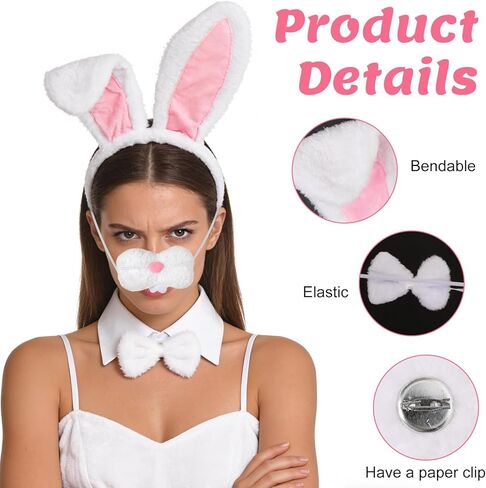 5Pcs Easter Bunny Costume Set Easter Rabbit Ears Headband Bowtie Nose Tail and Tutus Skirt for Adults Women Party Cosplay Dress Up for Halloween Party Supplies in Kuwait
