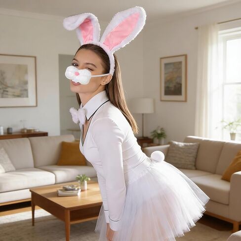 5Pcs Easter Bunny Costume Set Easter Rabbit Ears Headband Bowtie Nose Tail and Tutus Skirt for Adults Women Party Cosplay Dress Up for Halloween Party Supplies in Kuwait