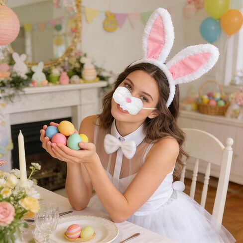 5Pcs Easter Bunny Costume Set Easter Rabbit Ears Headband Bowtie Nose Tail and Tutus Skirt for Adults Women Party Cosplay Dress Up for Halloween Party Supplies in Kuwait