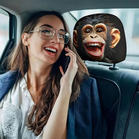 قطعتان من أغطية مسند رأس السيارة على شكل وجه قرد - واقيات مقاعد بتصميم حيوانات مضحكة مع ملاءمة عالمية مرنة - أكمام بدون حشو سهلة التركيب وقابلة للغسل للسيارات وسيارات الدفع الرباعي والشاحنات - ديكور يومي للتنقل in Saudi Arabia