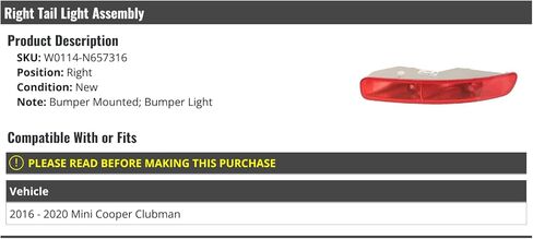 تم تركيب المصد الجانبي الأيمن للراكب؛ ضوء خلفي ممتص للصدمات - متوافق مع 2016-2020 ميني كوبر كلوبمان in Kuwait