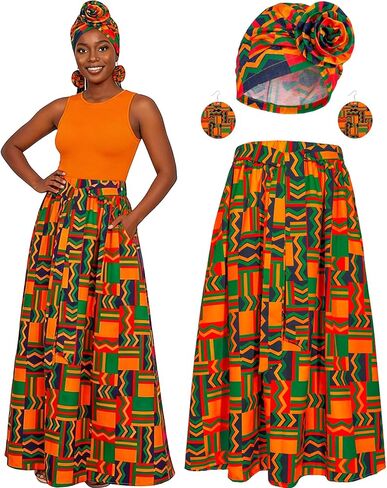 تنورة نسائية طويلة مطبوعة بطبعات إفريقية مع جيوب، طقم إكسسوارات بخصر عالٍ وخفيف الوزن ومطوي على شكل حرف A وتتسابق تنورة واسعة in Kuwait