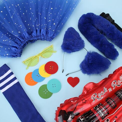 مجموعة إكسسوارات تنكرية للقطط الزرقاء مكونة من 7 قطع تشتمل على عصابة رأس ذات آذان كيتي منفوشة وذيل تنورة توتو زرقاء من التول وجوارب صفراء مع 7 ملصقات لباد لكتاب القصة وحفلات الهالوين التنكرية in Kuwait