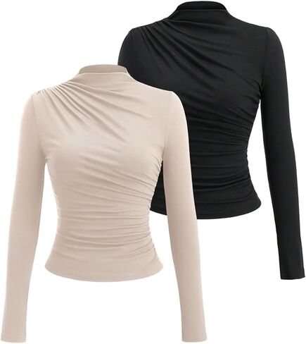 SweatyRocks Women's 2 Pack Ruched Mock Neck Long Sleeve T Shirt Fitted Tee Tops in Saudi Arabia