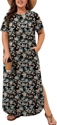 AusLook Plus Size Maxi Dresses for Women Summer Casual Long T Shirt Dress Crew Neck Flowy Beach Vacation Sundress with Pocket in Kuwait