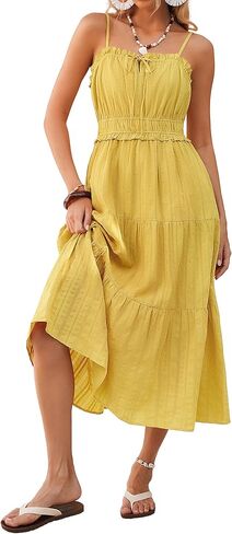 Kate Kasin Women Summer Casual Midi Dresses 2026, Spaghetti Strap Sleeveless Elastic Waist Dress, Boho Beach Sundress Pockets in Kuwait