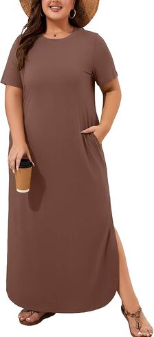 AusLook فساتين ماكسي مقاس كبير للنساء فستان صيفي طويل غير رسمي تي شيرت رقبة دائرية فستان صيفي لقضاء العطلات على الشاطئ مع جيب in Kuwait