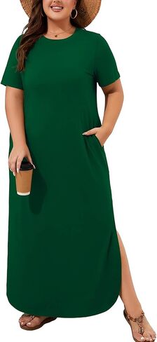 AusLook فساتين ماكسي مقاس كبير للنساء فستان صيفي طويل غير رسمي تي شيرت رقبة دائرية فستان صيفي لقضاء العطلات على الشاطئ مع جيب in Kuwait