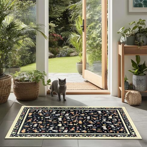 Door mat Indoor Entrance 2'x3' Cute Cat, Woodland Animal and Floral Design Machine Washable Area Rug Non-Slip Low Pile Throw Rugs for Entryway Kitchen Bedroom Bathroom Indoor Entrance Beige in Saudi Arabia