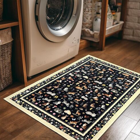 Door mat Indoor Entrance 2'x3' Cute Cat, Woodland Animal and Floral Design Machine Washable Area Rug Non-Slip Low Pile Throw Rugs for Entryway Kitchen Bedroom Bathroom Indoor Entrance Beige in Saudi Arabia