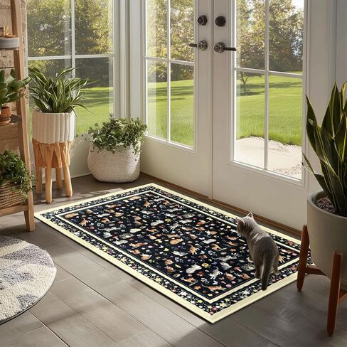 Door mat Indoor Entrance 2'x3' Cute Cat, Woodland Animal and Floral Design Machine Washable Area Rug Non-Slip Low Pile Throw Rugs for Entryway Kitchen Bedroom Bathroom Indoor Entrance Beige in Saudi Arabia