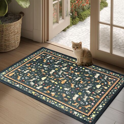 Door mat Indoor Entrance 2'x3' Cute Cat, Woodland Animal and Floral Design Machine Washable Area Rug Non-Slip Low Pile Throw Rugs for Entryway Kitchen Bedroom Bathroom Indoor Entrance Beige in Saudi Arabia