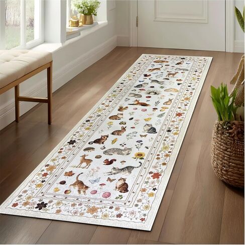 Door mat Indoor Entrance 2'x3' Cute Cat, Woodland Animal and Floral Design Machine Washable Area Rug Non-Slip Low Pile Throw Rugs for Entryway Kitchen Bedroom Bathroom Indoor Entrance Beige in Saudi Arabia