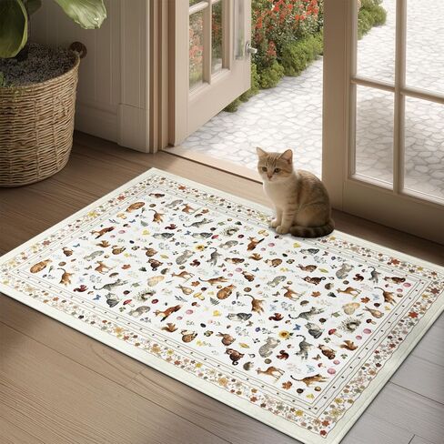 Door mat Indoor Entrance 2'x3' Cute Cat, Woodland Animal and Floral Design Machine Washable Area Rug Non-Slip Low Pile Throw Rugs for Entryway Kitchen Bedroom Bathroom Indoor Entrance Beige in Saudi Arabia