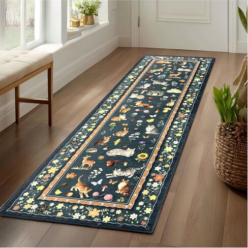 Door mat Indoor Entrance 2'x3' Cute Cat, Woodland Animal and Floral Design Machine Washable Area Rug Non-Slip Low Pile Throw Rugs for Entryway Kitchen Bedroom Bathroom Indoor Entrance Beige in Saudi Arabia