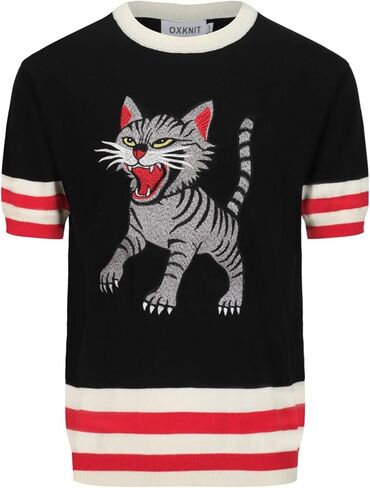 OXKNIT Men's Knit Black T-Shirt Short Sleeve, 1960s Mod Style Retro Embroidered Cat Pattern Shirts Crewneck Cotton Tops in Kuwait