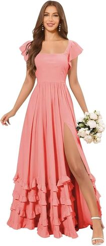 GATMAHE Tiered Chiffon Bridesmaid Dresses for Women Ruched Ruffle Square Neck Long Formal Maxi Dress with Slit in Kuwait