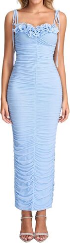 HTZMO Women's Tie Shoulder Formal Bodycon Maxi Dresses Sleeveless Ruffle Ruched Wedding Guest Cocktail Party Long Dress in Kuwait