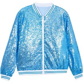 A ARFAR Women Sequin Jackets Striped Collar Glitter Varsity Bomber Sparkly Coat Party Outwear Lightweight Ladies Cloth