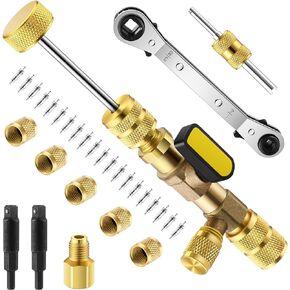 Dreyoo Valve Core Removal Tool HVAC, 1 Pc HVAC Service Wrench, 20 Pcs Valve Cores Seal, 5 Pcs Brass Nuts and 1Pc Valve Core Rod Compatible with R410a R32 R22 R12 R407 R404 R600