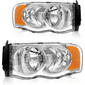 AS Headlights Assembly Compatible with 2002 2003 2004 2005 Dodge Ram 1500/03 04 05 Dodge Ram 2500/3500 Chrome Housing Amber Reflector Driver and Passenger Side Pair