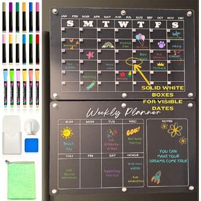 CLEAR MAGNETIC CALENDAR FOR REFRIGERATOR SET 16x12 Month and Weekly ACRYLIC DRY ERASE.12 Wet/Dry Markers plus FREE 6 Liquid Chalk Markers,Includes Non-Slip Magnets,Rag, Pen Holder, and Eraser.