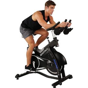 Sunny Health & Fitness ASUNA 7150 Minotaur Exercise Bike Magnetic Belt Drive Commercial Indoor Cycling Bike with 330 LB Max Weight, SPD Style / Cage Pedals and Aluminum Frame, Black