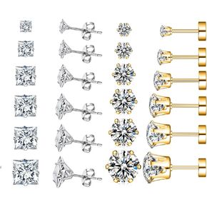 UHIBROS 12 Pairs Hypoallergenic Stainless Steel Stud Earrings Set Cubic Zirconia 20G Surgical Steel Gold Silver Earring for Women Girls Men
