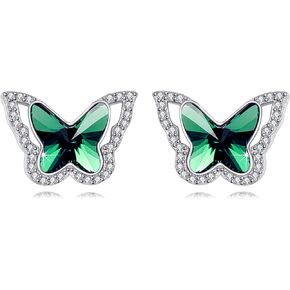 Butterfly Earrings Emerald Earrings Studs Sterling Silver Birthstone Stud Earrings Butterfly Austrian Crystal Earrings Christmas Birthday Gift for women Girls