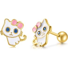 Cat Earrings for Girls 18K Gold Plated Sterling Silver Kitten Screw Back Stud Earrings for Girls Teens Hypoallergenic Little Girl Earrings Ideal Gift