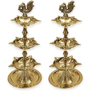 SATVIK 2Pc Standing Brass Kerala Samai Diwali Deepak for Puja Traditional Panchmahal Pooja Deepam Diya Oil Lamp Kutthu Vilakku Dia 3 in 1 Step Adjustable 8.5 inch Deepawali Indian Gift Item