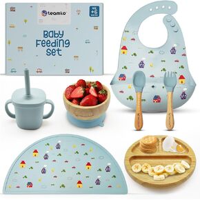 Silicone Baby Feeding Set: Toddler Plates, Bib, Spoon, Fork, Placemat - Baby and Toddler Bamboo Suction Plates and Bowls for Babies Feeding and Weaning Baby Essentials + Nutritional Guide