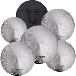 Low Volume Cymbal Pack, Mute Cymbal Set 14'Hihats+16"Crash+18'Crash+20"Ride 5 Pieces Drum Cymbal Drummer Practice Quiet Cymbal for Drum Set with FREE Carry Bag, Red