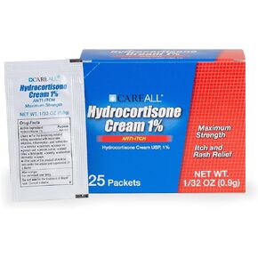 CareAll Hydrocortisone Cream 1% (25 Pack), 0.9gr Foil Packet, Maximum Strength Formulation, Anti-Itch Rash Skin Cream Relieves Itching, Redness, Eczema, Insect Bites, Poison Ivy, and Psoriasis