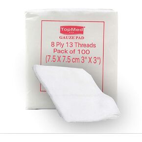 Cotton Gauze Swabs, Non-Sterile,White,8 Ply 13 Threads Pack of 100 (7.5 X 7.5 CM 3" X 3")